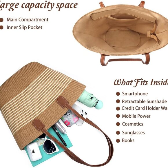 Straw Beach Tote Bag Women Large Woven Purse with Zipper Summer Travel - Picture 5 of 7